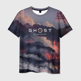 Мужская футболка 3D с принтом Ghost of Tsushima в Екатеринбурге, 100% полиэфир | прямой крой, круглый вырез горловины, длина до линии бедер | ghost of tsushima | игра | лава | облака | природа | рисунок | япония