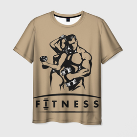 Мужская футболка 3D с принтом FITNESS , 100% полиэфир | прямой крой, круглый вырез горловины, длина до линии бедер | гантели | спорт | штанга