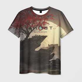 Мужская футболка 3D с принтом Ghost of Tsushima в Кировске, 100% полиэфир | прямой крой, круглый вырез горловины, длина до линии бедер | ghost of tsushima | горы | дерево | игра | природа | рисунок | скалы