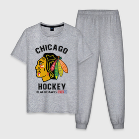 Мужская пижама хлопок с принтом CHICAGO BLACKHAWKS NHL в Тюмени, 100% хлопок | брюки и футболка прямого кроя, без карманов, на брюках мягкая резинка на поясе и по низу штанин
 | Тематика изображения на принте: blackhawks | ccm | chicago | hockey | nhl | sport | usa | блэкхоукс | индеец | нхл | спорт | сша | хоккей | чикаго