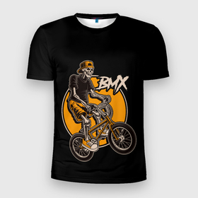 Мужская футболка 3D Slim с принтом BMX в Санкт-Петербурге, 100% полиэстер с улучшенными характеристиками | приталенный силуэт, круглая горловина, широкие плечи, сужается к линии бедра | bicycle | bmx | skull | sport | x games | велик | велосипед | велоспорт | скелет | череп | экстремальный спорт
