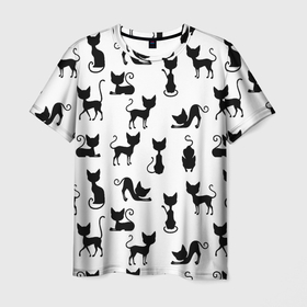 Мужская футболка 3D с принтом КОШКИ ЧЕРНОЕ НА БЕЛОМ , 100% полиэфир | прямой крой, круглый вырез горловины, длина до линии бедер | cat | pussy | домашние | кис кис | коты | котэ | кошки | лапки | мяу | паттерн | усы | хвост | черно белое