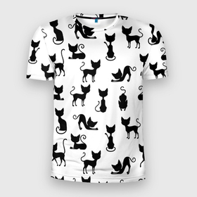 Мужская футболка 3D Slim с принтом КОШКИ ЧЕРНОЕ НА БЕЛОМ в Екатеринбурге, 100% полиэстер с улучшенными характеристиками | приталенный силуэт, круглая горловина, широкие плечи, сужается к линии бедра | cat | pussy | домашние | кис кис | коты | котэ | кошки | лапки | мяу | паттерн | усы | хвост | черно белое