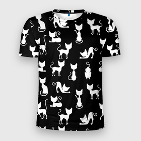 Мужская футболка 3D Slim с принтом КОШКИ БЕЛОЕ НА ЧЕРНОМ в Екатеринбурге, 100% полиэстер с улучшенными характеристиками | приталенный силуэт, круглая горловина, широкие плечи, сужается к линии бедра | cat | pussy | домашние | кис кис | коты | котэ | кошки | лапки | мяу | паттерн | усы | хвост | черно белое