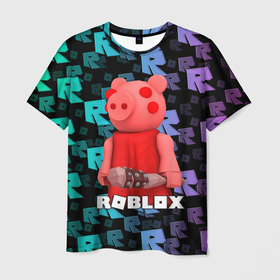 Мужская футболка 3D с принтом ROBLOX PIGGY - СВИНКА ПИГГИ в Екатеринбурге, 100% полиэфир | прямой крой, круглый вырез горловины, длина до линии бедер | pig | piggy | roblox | игра | компьютерная игра | логотип | онлайн | онлайн игра | пигги | поросенок | роблакс | роблокс | свинка | свинья