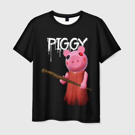 Мужская футболка 3D с принтом ROBLOX PIGGY   СВИНКА ПИГГИ в Тюмени, 100% полиэфир | прямой крой, круглый вырез горловины, длина до линии бедер | Тематика изображения на принте: pig | piggy | roblox | игра | компьютерная игра | логотип | онлайн | онлайн игра | пигги | поросенок | роблакс | роблокс | свинка | свинья