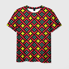 Мужская футболка 3D с принтом Abstract cross armor в Новосибирске, 100% полиэфир | прямой крой, круглый вырез горловины, длина до линии бедер | armor | art | geometric | geometry | kids | modern | scale | scales | style | абстрактная | абстракция | армор | арт | геометрическая | геометрия | желтый | квадратики | квадраты | кольчуга | красный | крест | крестики | модерн