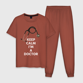 Мужская пижама хлопок с принтом KEEP CALM IM A DOCTOR в Курске, 100% хлопок | брюки и футболка прямого кроя, без карманов, на брюках мягкая резинка на поясе и по низу штанин
 | Тематика изображения на принте: keep calm | больница | врач | гинеколог | док | доктор | клиника | лор | мед сестра | медик | медицина | онколог | сердце | стетоскоп | терапевт | фонендоскоп | хирург