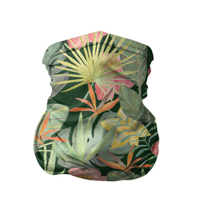 Бандана-труба 3D с принтом Тропические растения и цветы в Новосибирске, 100% полиэстер, ткань с особыми свойствами — Activecool | плотность 150‒180 г/м2; хорошо тянется, но сохраняет форму | банан | желтый | зеленый | красный | листья | орхидея | пальма | плюмерия | стрелиция | тропики | цветы | экзотика