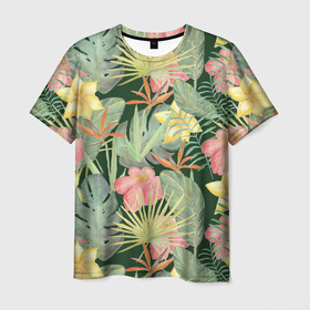 Мужская футболка 3D с принтом Тропические растения и цветы в Новосибирске, 100% полиэфир | прямой крой, круглый вырез горловины, длина до линии бедер | банан | желтый | зеленый | красный | листья | орхидея | пальма | плюмерия | стрелиция | тропики | цветы | экзотика