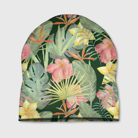Шапка 3D с принтом Тропические растения и цветы в Тюмени, 100% полиэстер | универсальный размер, печать по всей поверхности изделия | банан | желтый | зеленый | красный | листья | орхидея | пальма | плюмерия | стрелиция | тропики | цветы | экзотика