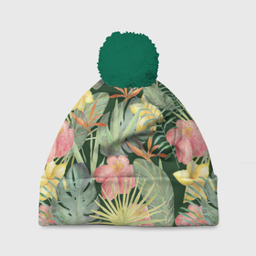 Шапка 3D c помпоном с принтом Тропические растения и цветы в Петрозаводске, 100% полиэстер | универсальный размер, печать по всей поверхности изделия | банан | желтый | зеленый | красный | листья | орхидея | пальма | плюмерия | стрелиция | тропики | цветы | экзотика
