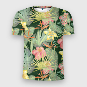 Мужская футболка 3D Slim с принтом Тропические растения и цветы в Петрозаводске, 100% полиэстер с улучшенными характеристиками | приталенный силуэт, круглая горловина, широкие плечи, сужается к линии бедра | банан | желтый | зеленый | красный | листья | орхидея | пальма | плюмерия | стрелиция | тропики | цветы | экзотика