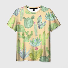 Мужская футболка 3D с принтом Кактусы в пустыне , 100% полиэфир | прямой крой, круглый вырез горловины, длина до линии бедер | жара | желтый | засуха | зеленый | кактус | колючки | песок | пустыня | солнечный | цветок