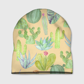 Шапка 3D с принтом Кактусы в пустыне в Кировске, 100% полиэстер | универсальный размер, печать по всей поверхности изделия | жара | желтый | засуха | зеленый | кактус | колючки | песок | пустыня | солнечный | цветок