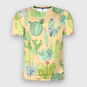 Мужская футболка 3D Slim с принтом Кактусы в пустыне , 100% полиэстер с улучшенными характеристиками | приталенный силуэт, круглая горловина, широкие плечи, сужается к линии бедра | жара | желтый | засуха | зеленый | кактус | колючки | песок | пустыня | солнечный | цветок