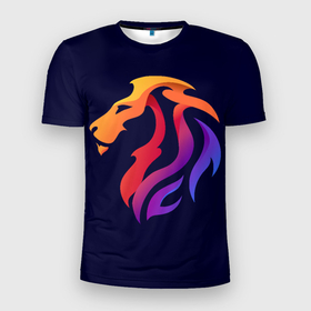 Мужская футболка 3D спортивная с принтом Градиентный лев в минимализме в Тюмени, 100% полиэстер с улучшенными характеристиками | приталенный силуэт, круглая горловина, широкие плечи, сужается к линии бедра | вектор | градиент | лев | логотип | минимализм | разноцветный | цветной