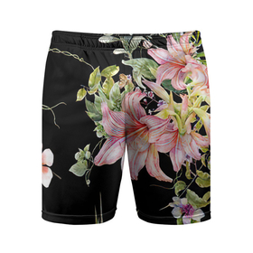 Мужские шорты спортивные с принтом Букет лилий в Петрозаводске,  |  | арт | лилии | рисунок | розовый | цветок | цветы | чёрный