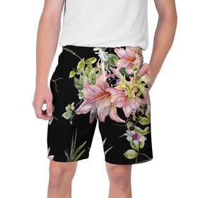 Мужские шорты 3D с принтом Букет лилий в Екатеринбурге,  полиэстер 100% | прямой крой, два кармана без застежек по бокам. Мягкая трикотажная резинка на поясе, внутри которой широкие завязки. Длина чуть выше колен | арт | лилии | рисунок | розовый | цветок | цветы | чёрный