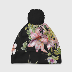 Шапка 3D c помпоном с принтом Букет лилий в Тюмени, 100% полиэстер | универсальный размер, печать по всей поверхности изделия | арт | лилии | рисунок | розовый | цветок | цветы | чёрный