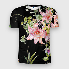 Мужская футболка 3D Slim с принтом Букет лилий в Санкт-Петербурге, 100% полиэстер с улучшенными характеристиками | приталенный силуэт, круглая горловина, широкие плечи, сужается к линии бедра | арт | лилии | рисунок | розовый | цветок | цветы | чёрный