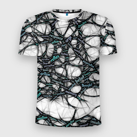 Мужская футболка 3D Slim с принтом NEIROLINK в Екатеринбурге, 100% полиэстер с улучшенными характеристиками | приталенный силуэт, круглая горловина, широкие плечи, сужается к линии бедра | Тематика изображения на принте: абстракция | веном | наука | нейронная сеть | нейроны | превращения | сети | узор | ученые