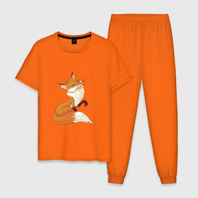 Мужская пижама хлопок с принтом хитрая лиса в Петрозаводске, 100% хлопок | брюки и футболка прямого кроя, без карманов, на брюках мягкая резинка на поясе и по низу штанин
 | лиса | рисунок лиса | рыжая | рыжая лиса | хитрая лиса