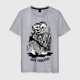 Мужская футболка хлопок с принтом Love forever в Белгороде, 100% хлопок | прямой крой, круглый вырез горловины, длина до линии бедер, слегка спущенное плечо. | bones | jaw | love | skeleton | skull | teeth | unity | единство | зубы | кости | любовь | пасть | скелет | череп