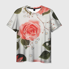Мужская футболка 3D с принтом Нежные розы в Курске, 100% полиэфир | прямой крой, круглый вырез горловины, длина до линии бедер | арт | белый | зеленый | красная роза | красные розы | красный | рисунок | роза | розовая роза | розовые розы | розовый | розы | цветок | цветы