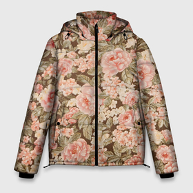Мужская зимняя куртка 3D с принтом Розовая поляна в Петрозаводске, верх — 100% полиэстер; подкладка — 100% полиэстер; утеплитель — 100% полиэстер | длина ниже бедра, свободный силуэт Оверсайз. Есть воротник-стойка, отстегивающийся капюшон и ветрозащитная планка. 

Боковые карманы с листочкой на кнопках и внутренний карман на молнии. | арт | кремовый | рисунок | роза | розовая поляна | розовые розы | розовые цветы | розы