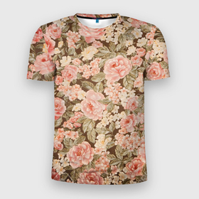 Мужская футболка 3D Slim с принтом Розовая поляна в Белгороде, 100% полиэстер с улучшенными характеристиками | приталенный силуэт, круглая горловина, широкие плечи, сужается к линии бедра | арт | кремовый | рисунок | роза | розовая поляна | розовые розы | розовые цветы | розы
