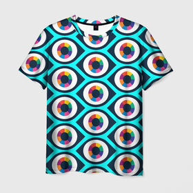 Мужская футболка 3D с принтом Глаза паттерн в Курске, 100% полиэфир | прямой крой, круглый вырез горловины, длина до линии бедер | геометрия | глаза | иллюзия | паттерн | психоделика | радуга | цвета