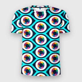 Мужская футболка 3D спортивная с принтом Глаза паттерн в Курске, 100% полиэстер с улучшенными характеристиками | приталенный силуэт, круглая горловина, широкие плечи, сужается к линии бедра | геометрия | глаза | иллюзия | паттерн | психоделика | радуга | цвета