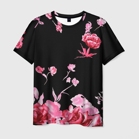 Мужская футболка 3D с принтом Яркие розы в Санкт-Петербурге, 100% полиэфир | прямой крой, круглый вырез горловины, длина до линии бедер | Тематика изображения на принте: арт | рисунок | роза | розовая роза | розовые розы | розовый | розы | тёмный | цветы | чёрный
