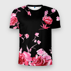 Мужская футболка 3D спортивная с принтом Яркие розы в Санкт-Петербурге, 100% полиэстер с улучшенными характеристиками | приталенный силуэт, круглая горловина, широкие плечи, сужается к линии бедра | Тематика изображения на принте: арт | рисунок | роза | розовая роза | розовые розы | розовый | розы | тёмный | цветы | чёрный
