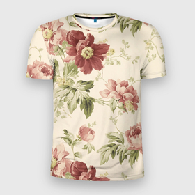 Мужская футболка 3D спортивная с принтом Цветы в Курске, 100% полиэстер с улучшенными характеристиками | приталенный силуэт, круглая горловина, широкие плечи, сужается к линии бедра | арт | зеленый | краски | красный | кремовый | ретро | рисунок | розовый | цветок | цветы
