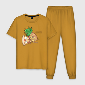 Мужская пижама хлопок с принтом No one needs to know в Курске, 100% хлопок | брюки и футболка прямого кроя, без карманов, на брюках мягкая резинка на поясе и по низу штанин
 | hawaiian | hawaiian pizza | pineapple | pizza | pizza with pineapple | ананас и пицца | ананса | гавайская | гавайская пицца | пицца | пицца с ананасом