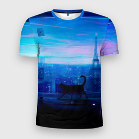 Мужская футболка 3D Slim с принтом Кошка арт окно в Санкт-Петербурге, 100% полиэстер с улучшенными характеристиками | приталенный силуэт, круглая горловина, широкие плечи, сужается к линии бедра | арт | вечер | кот | кошка | ночь | окно | париж | рисунок