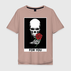 Мужская футболка хлопок Oversize с принтом Череп с розой в Белгороде, 100% хлопок | свободный крой, круглый ворот, “спинка” длиннее передней части | you | голова | кости | роза | рука | скелет | цветок | цветы | череп