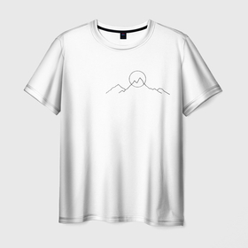 Мужская футболка 3D с принтом минимализм силуэт горы в Тюмени, 100% полиэфир | прямой крой, круглый вырез горловины, длина до линии бедер | горы | горы на закате | минимализм | одним касанием | силуэт горы | солнце | черная линия