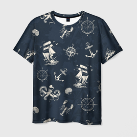 Мужская футболка 3D с принтом Nautical art в Санкт-Петербурге, 100% полиэфир | прямой крой, круглый вырез горловины, длина до линии бедер | Тематика изображения на принте: art | octopus | sea | ship | texture | арт | компас | море | океан | осьминог | текстуры