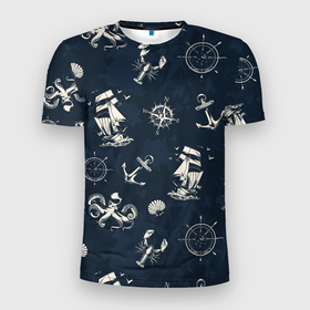 Мужская футболка 3D Slim с принтом Nautical art в Екатеринбурге, 100% полиэстер с улучшенными характеристиками | приталенный силуэт, круглая горловина, широкие плечи, сужается к линии бедра | art | octopus | sea | ship | texture | арт | компас | море | океан | осьминог | текстуры