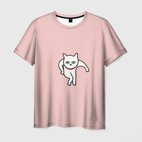 Мужская футболка 3D с принтом Ыть в Кировске, 100% полиэфир | прямой крой, круглый вырез горловины, длина до линии бедер | арт | белая кошка | белый кот | кот | кошка | мем | мэм | рисунок | розовый