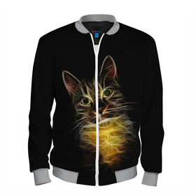 Мужской бомбер 3D с принтом Дымчато световой кот в Екатеринбурге, 100% полиэстер | застегивается на молнию, по бокам два кармана без застежек, по низу бомбера и на воротнике - эластичная резинка | арт | дым | желтый | кот | кошка | кривые | рисунок | свет | серый | тёмный | чёрный | яркие линии