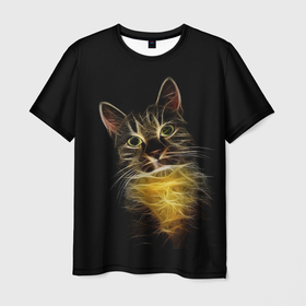 Мужская футболка 3D с принтом Дымчато световой кот в Санкт-Петербурге, 100% полиэфир | прямой крой, круглый вырез горловины, длина до линии бедер | арт | дым | желтый | кот | кошка | кривые | рисунок | свет | серый | тёмный | чёрный | яркие линии