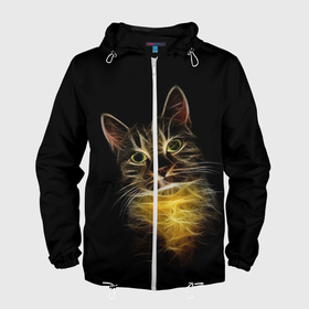 Мужская ветровка 3D с принтом Дымчато световой кот в Новосибирске, 100% полиэстер | подол и капюшон оформлены резинкой с фиксаторами, два кармана без застежек по бокам, один потайной карман на груди | арт | дым | желтый | кот | кошка | кривые | рисунок | свет | серый | тёмный | чёрный | яркие линии