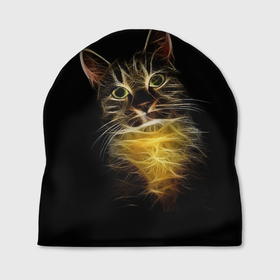 Шапка 3D с принтом Дымчато световой кот в Екатеринбурге, 100% полиэстер | универсальный размер, печать по всей поверхности изделия | арт | дым | желтый | кот | кошка | кривые | рисунок | свет | серый | тёмный | чёрный | яркие линии