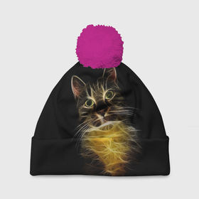 Шапка 3D c помпоном с принтом Дымчато световой кот в Курске, 100% полиэстер | универсальный размер, печать по всей поверхности изделия | арт | дым | желтый | кот | кошка | кривые | рисунок | свет | серый | тёмный | чёрный | яркие линии