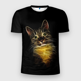 Мужская футболка 3D спортивная с принтом Дымчато-световой кот в Санкт-Петербурге, 100% полиэстер с улучшенными характеристиками | приталенный силуэт, круглая горловина, широкие плечи, сужается к линии бедра | арт | дым | желтый | кот | кошка | кривые | рисунок | свет | серый | тёмный | чёрный | яркие линии