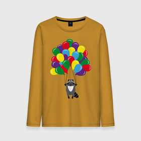 Мужской лонгслив хлопок с принтом Енот с шариками в Санкт-Петербурге, 100% хлопок |  | воздушные шарики | енот | мультяшный | разноцветный